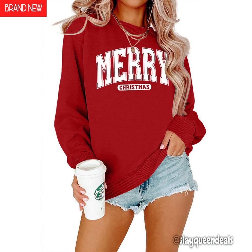 Merry Christmas Sweatshirt Women Cotton Blend Long Sleeve Crew Neck